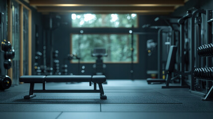 A modern gym interior featuring weights, workout benches, and large windows, creating a motivating and serene atmosphere for fitness enthusiasts.