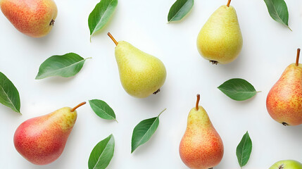 Obraz premium Pears and leaves pattern, flat lay, food blog