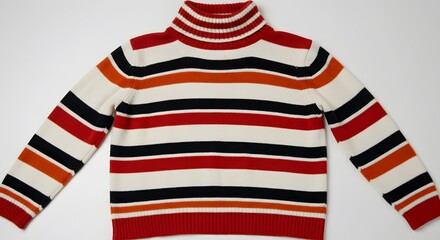 Obraz premium This showcases a striped turtleneck sweater with white, orange, black, and red bands on a clean, white background.
