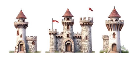 Pack of Medieval Castle with Two Towers Set Against Transparent Background for Historical, Architectural, or Fantasy Design Projects