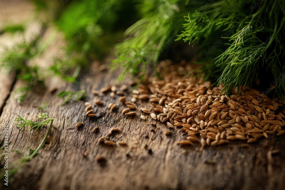 Poster fresh herbs and spices displayed on rustic wooden surface highlighting dill and cumin seeds with vib