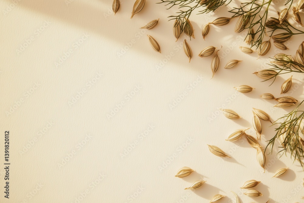Poster seeds and herbs arranged beautifully for culinary use on a soft neutral background in a bright, sunl