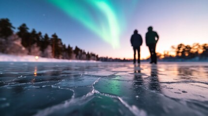 Fototapeta premium Couple ice skating, aurora borealis, winter, Finland