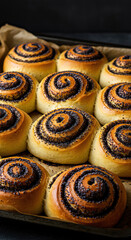 Fototapeta premium Freshly baked poppy seed swirl buns perfect for breakfast or brunch delight