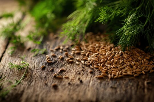 Fresh herbs and spices displayed on rustic wooden surface highlighting dill and cumin seeds with vibrant green foliage