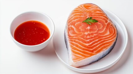 raw salmon steak and dipping sauce clipart, clean meal layout, soft brush, isolated on white background