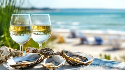 Freshly shucked oysters, glass of white wine served on table at seafood restaurant by sea. Beach, ocean seen in background. Luxury, delicious food. Perfect seaside lunch. Perfect moment to enjoy