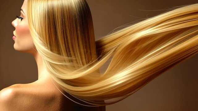 Long blonde hair cascades smoothly, creating a stunning visual effect against a soft, warm background