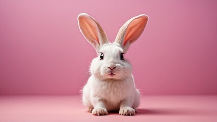 Obraz premium A white rabbit with large ears and wide, expressive eyes is pictured against a pink background.