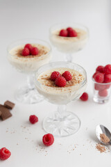 High angle closeup view of crystal cups with vanilla flavoured panna cotta with fresh raspberries and chocolate on white background. Italian heavy cream dessert garnished with berries and chocolate