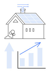 House with solar panels generating energy, arrows illustrating energy flow, bar graph showing increasing efficiency. Ideal for sustainability, clean energy, eco-friendly living, technology