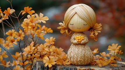Fototapeta premium Autumnal straw doll amongst fall foliage