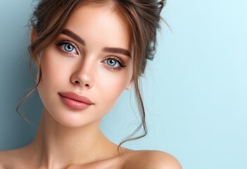 Beautiful young woman with smooth skin on a light blue background