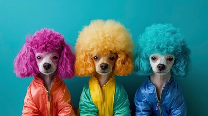 Three poodle puppies wear vibrant fashionable outfits. Colorful wigs, trendy jackets. Stylish dogs with bright colors on solid turquoise backdrop. Trendy pets look cool. Creative animal concept for