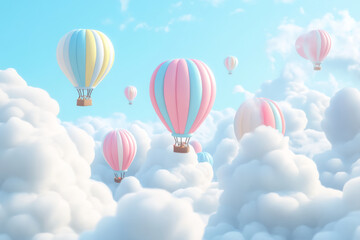 Colorful hot air balloons flying among fluffy clouds