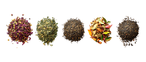 Pack of Loose Leaf Tea set of Five Different Poses set Against Transparent Background for Culinary, Herbal, or Beverage Promotion Projects