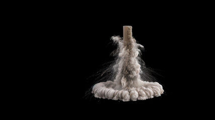 Pillar of dust shooting up from the center and creating a smoke shockwave with cloud dust forming a ring around it on a black background