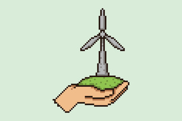 Wind Turbine in Hand Pixel Art Earth Day Awareness Concept Illustration