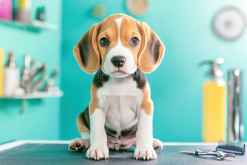 Pet grooming salon process concept with a dog. Cute beagle puppy sitting on a grooming table in a bright setting