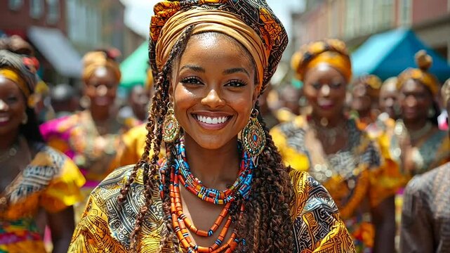 A smiling woman in vibrant African attire, surrounded by others in similar clothing, participates in a cultural parade