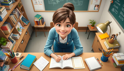 Woman Writing in Notebook at Desk in Classroom Environment