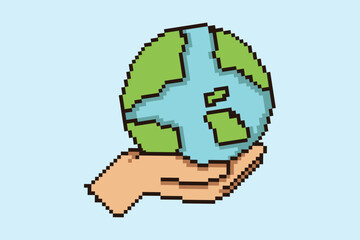 Earth in Hand Pixel Art Earth Day Awareness Concept Illustration