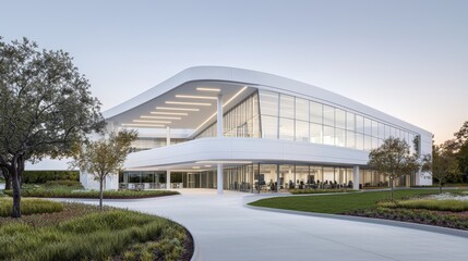 A 3D office building with a curved facade, twilight hues, angled shot with open space above, sophisticated poster design