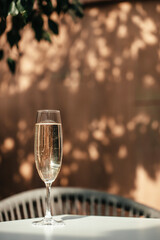 Classic italian aperitif glass of prosecco or champagne, Close up, copy space. Summer refreshing drink with sunlight