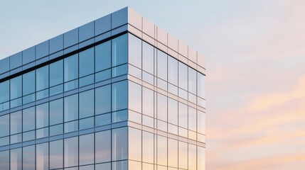 Fototapeta premium A 3D office building with large windows, soft pastel sky, centered with text space at the bottom, clean and professional poster layout