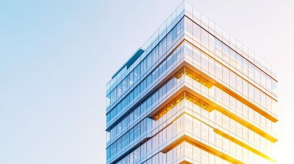 A towering 3D office building with a glass atrium, golden hour light, balanced with copy space on the top left, commercial elegance