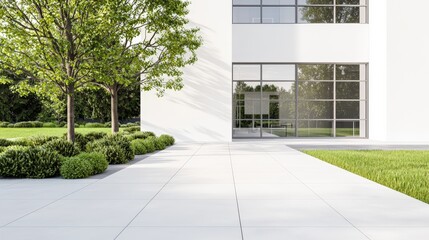 A 3D office building with a modern plaza, bright morning tones, offset right with text space on the left, dynamic advertising composition