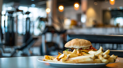 Overflowing plate with greasy fast food, french fries and cheeseburger, unhealthy eating habits and poor nutrition concept, junk food and obesity risk.
