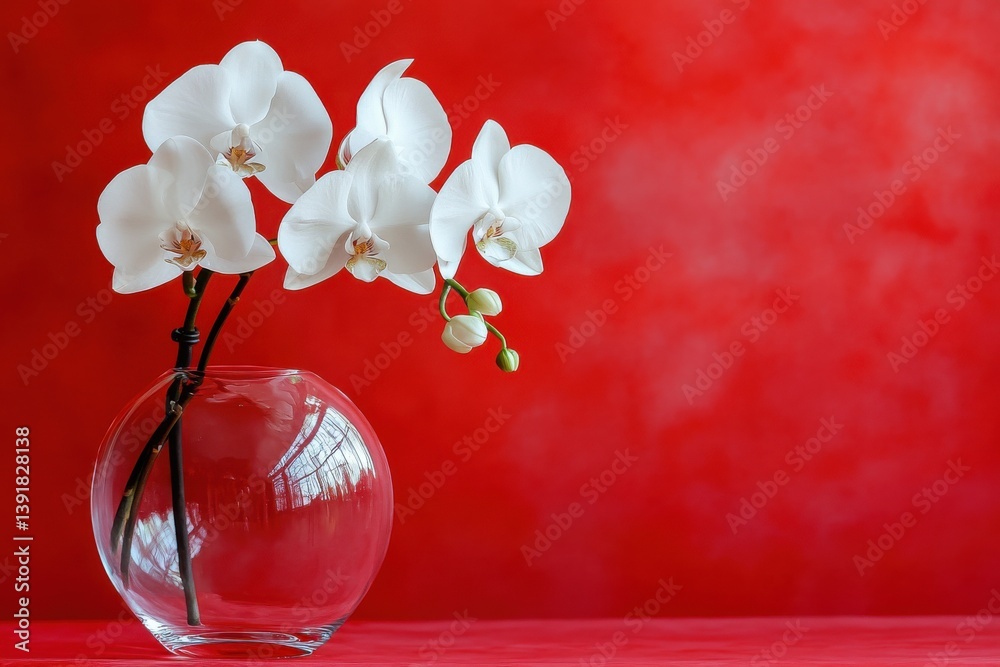 Aufkleber elegant white orchids in a glass vase against a vibrant red background create a striking decorative 