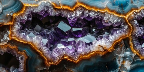 Obraz premium Deep Purple And White Amethyst Geode In Teal And Silver Marble Texture, Luxury Crystal Background