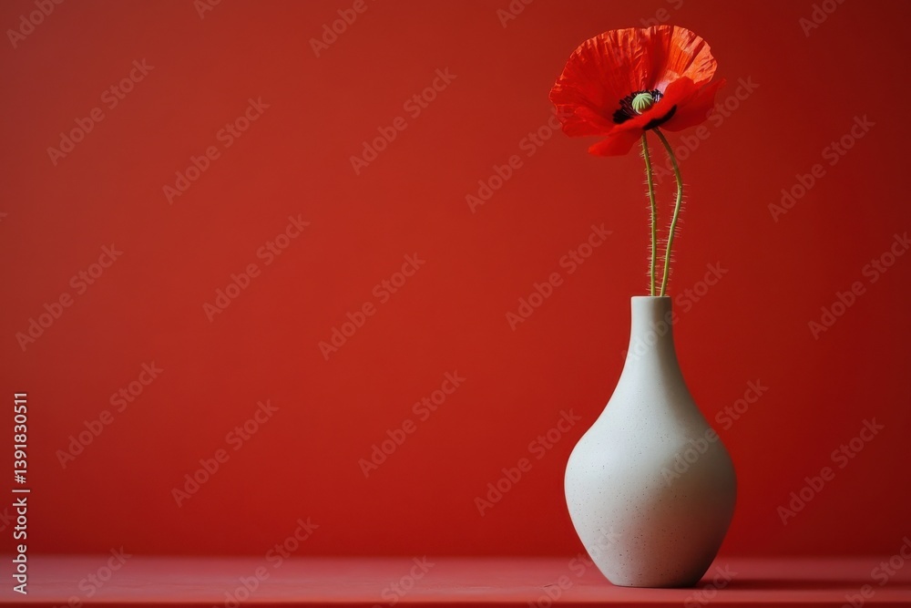 Poster elegant red poppy flower in a minimalist vase against a vibrant red background creating a striking v