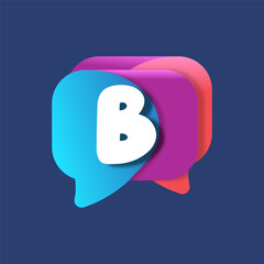 Letter B chat app logo at colorful watercolor splash background. Color multiply style. Bubble speech vector typeface for labels, headlines, posters, cards etc.