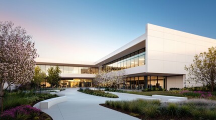Obraz premium A modern 3D office building with a courtyard, soft dawn light, offset left with copy space on the right, inviting advertising look