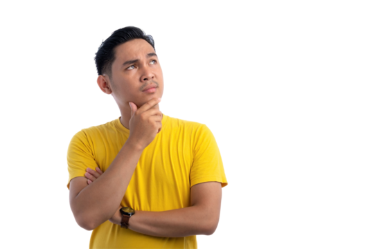 Pensive handsome Asian man with hand touching chin, thinking, making decision, having doubts isolated on transparent background