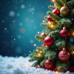 Fototapeta premium Christmas tree with ornaments and lights against a snowy background , ornament, winter