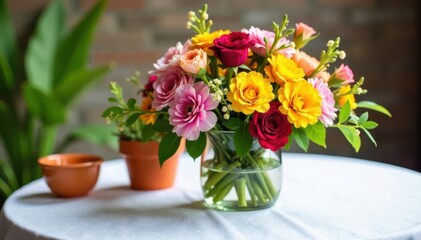 Colorful floral arrangement on white tablecloth, petals, decoration