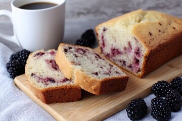 A delicious loaf of fruit cake with coffee and berries
