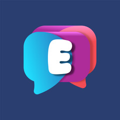 Letter E chat app logo at colorful watercolor splash background. Color multiply style. Bubble speech vector typeface for labels  headlines  posters  cards etc.