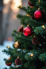 Evergreen fir tree with ornaments against a warm winter background, snowflakes, festive, twinkling lights