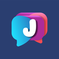Letter J chat app logo at colorful watercolor splash background. Color multiply style. Bubble speech vector typeface for labels, headlines, posters, cards etc.