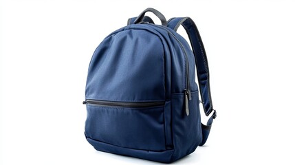 Naklejka premium A navy blue backpack with black zippers and gray straps isolated on a white background in studio shot