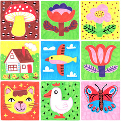 Seamless pattern in patchwork style. Dear children's pictures. Hand-painted work with acrylic markers. Bright print for your design. Square tiles. Background for decoration.