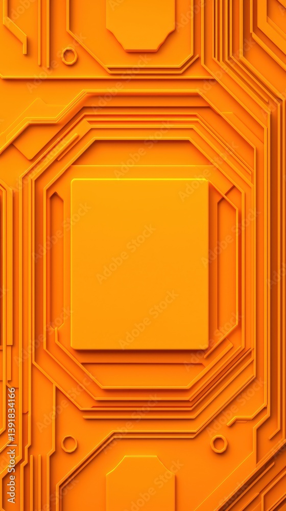 Poster Abstract orange circuit board design with central square element perfect for tech backgrounds or presentations.