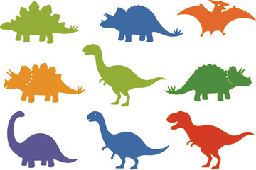 set of Simple Dinosaur Silhouette Clipart for Kids, set on a Transparent Background with Rainbow Colors
