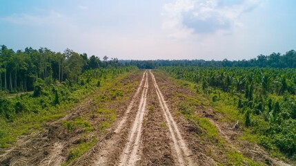 Fototapeta premium Deforested land, palm oil plantation, aerial view
