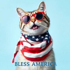  Fourth of July cat with American flag accessories and Bless America' message Created by Generative AI